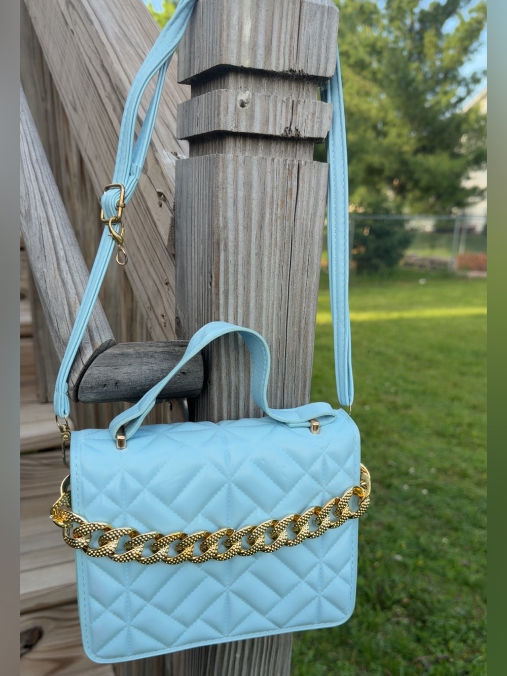 Quilted Light Blue Crossbody Bag with Gold Chain